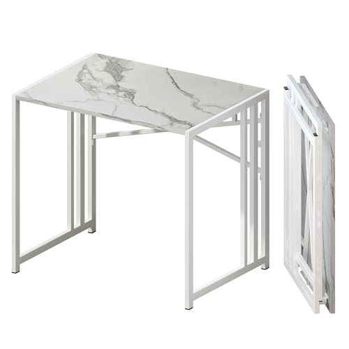 Lutown-Teen 32 inch Folding Small Desk, Writing Gaming Computer Camping Desk for Small Spaces, No Assembly Required Home Office Desk, White Marble - color: White Marble, size: 32 Inch