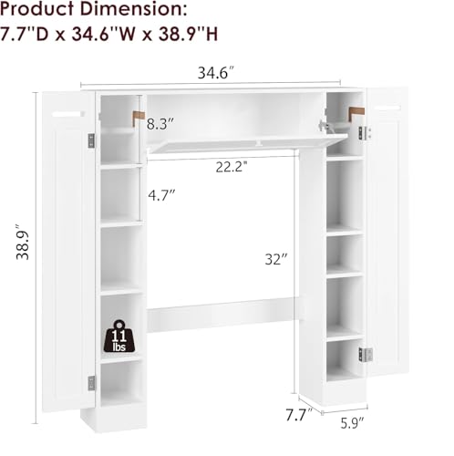 Over The Toilet Storage Cabinet, Bathroom Space Saver with Paper Holder and Adjustable Shelves, Freestanding Toilet Cabinet Organizer with 2 Side Doors and Pull-Down Door, White