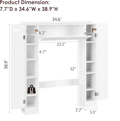 Over The Toilet Storage Cabinet, Bathroom Space Saver with Paper Holder and Adjustable Shelves, Freestanding Toilet Cabinet Organizer with 2 Side Doors and Pull-Down Door, White