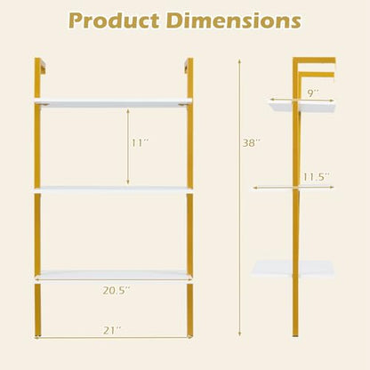 Giantex Ladder Shelf, 3-Tier Wood Wall Mounted Bookshelf with Metal Frame, Modern Open Storage Rack and Display Shelves, Wooden Floating Shelving Unit for Living Room, Home Office (Gold+White)