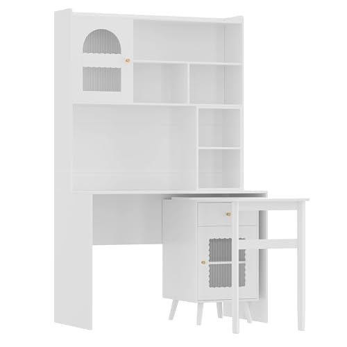 Bellemave Computer Desk with 90 Degree Rotating Desktop, 43x70 Inch Home Office Desk with Drawer and Storage Cabinets, Gaming Desk with Shelves, Writing Desk for Study (White) - color: White