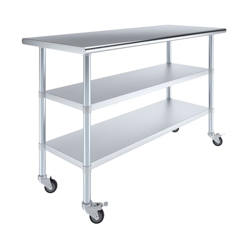 AmGood Stainless Steel Work Table with 2 Shelves and Casters | Metal Utility Table On Wheels (Stainless Steel Work Table with 2 Shelves + Casters, 60" Long x 24" Deep) - size: 60" Long x 24" Deep