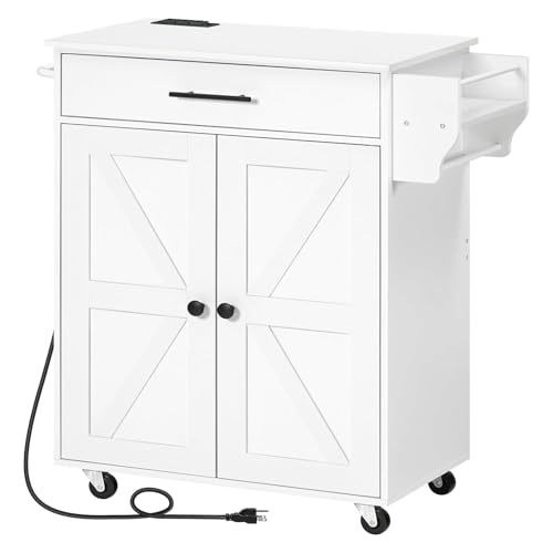 HOOBRO Kitchen Island with Power Outlet, Kitchen Storage Island with Large Worktop, Spice Rack and Drawer, Rolling Kitchen Island Cart on Wheels, for Kitchen and Dining Room, White WT88UZD01 - color: White