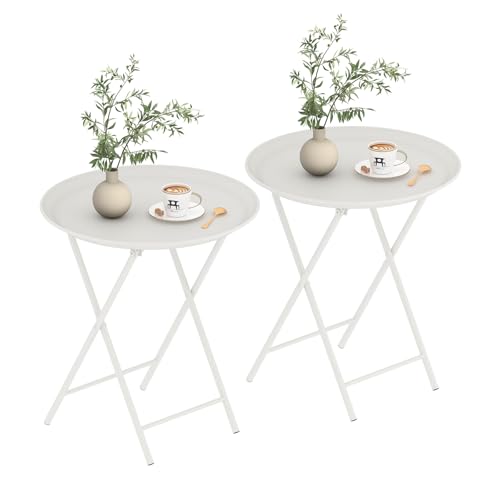 Garden 4 you Folding TV Tray Table, Metal Round Side Table, White Dinner Table with Metal Frame, Modern Outdoor Tray Table for Living Room, Bedroom, Patio & Small Spaces, 2 Packs - color: White, size: 2 PCS