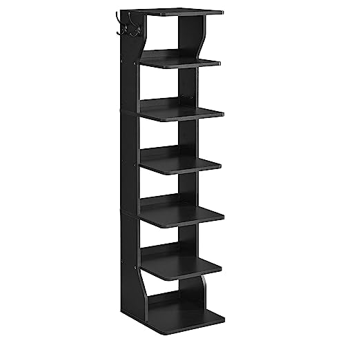 VASAGLE 7-Tier Vertical Shoe Rack, Narrow Shoe Storage Organizer with Hooks, Slim Corner Tower Shelf, Space-Saving for Entryway and Bedroom, Black ULBS200T16 - color: Black, size: 7 Tiers