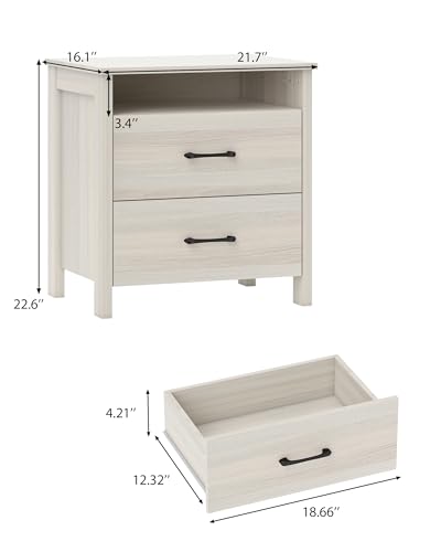 Farmhouse Nightstand with 2 Drawers, Rustic Wooden Nightstand with Bedside Table, Side End Table with Open Shelf for Bedroom, Grey - color: Light Gray, size: 1 Piece