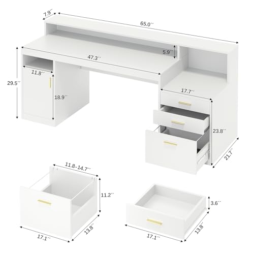 YOMILUVE Computer Desk with 3 Drawer & Storage Shelves, Home Office Desk with File Drawer & Cabinet, Writing Study Table with Long Monitor Stand & Printer Shelf, Executive Desk, White - color: White