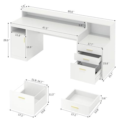 YOMILUVE Computer Desk with 3 Drawer & Storage Shelves, Home Office Desk with File Drawer & Cabinet, Writing Study Table with Long Monitor Stand & Printer Shelf, Executive Desk, White - color: White