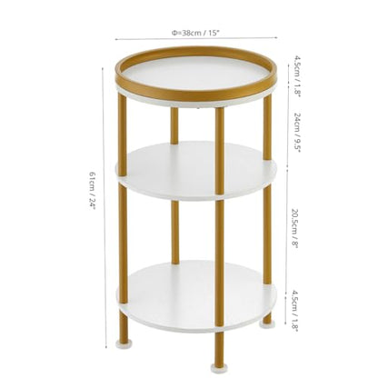 Small Round Side Table, Gold Round End Table with White Shelves, 3-Tier Modern Nightstand for Bedroom & Living Room, 21.7" H Narrow Gold Accent Table for Small Spaces, Dorm, Nursery (White & Gold) | Gold Round End Table with White Shelves, Nightstand for