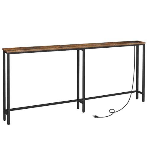 HOOBRO 70.9" Narrow Console Table with Charging Station, 5.9" Slim Sofa Table Behind Couch, 2 AC Outlets & USB-C Ports, Long Entryway Tables, for Hallway, Livingroom, Rustic Brown BF185UXG01G1 - color: Rustic Brown + Black, size: 70.9"L x 5.9"W x 31.5"H