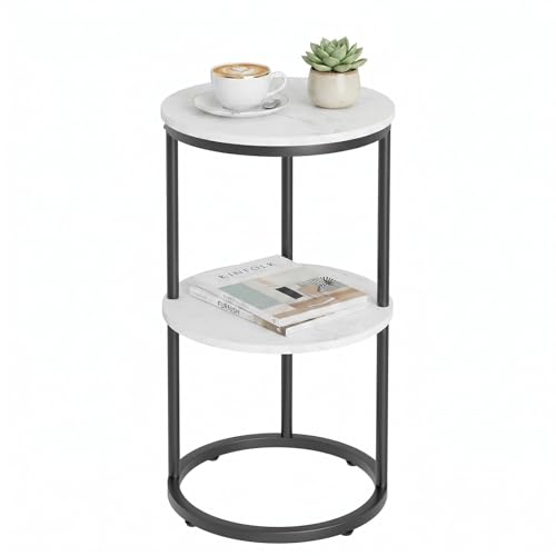 Round End Side Table,C Shaped Table for Couch,2 Tier Small Sofa Table with Metal Frame for Bedroom,Living Room,Bedside,Black(11.8" D x 11.8" W x 22.9" H) - color: White Marble+black, size: 2 Tier