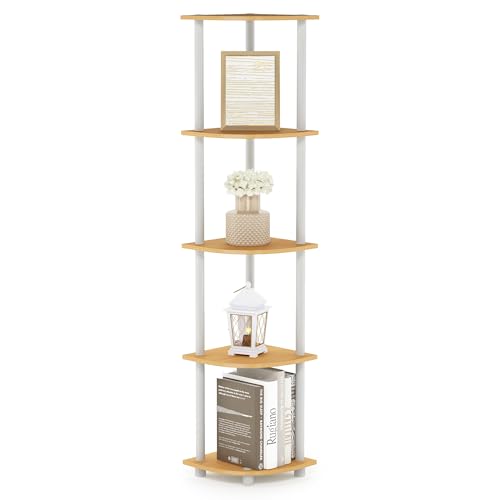 Furinno TURN-N-TUBE Corner Shelf, 5-Tier Corner Bookshelf, Open Storage Shelves, for Organization and Storage, Living Room, Home Office, Garage, Bedroom, Beech - color: Beech/White, size: 5-Tier Corner