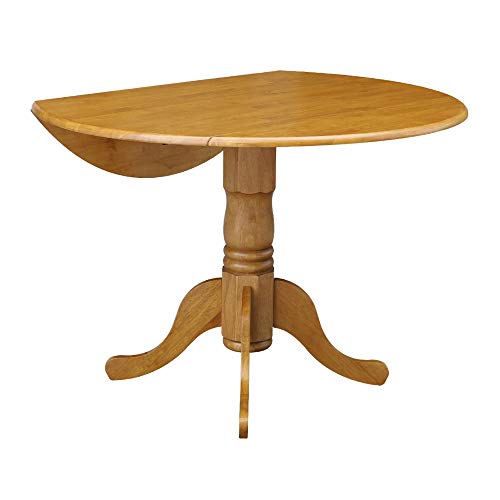 IC International Concepts, 42" Round Dual Drop Leaf Pedestal Dining Table, Solid Real Wood, Sturdy Parawood, Dimensions 42"D x 42"W x 29.5"H, 20mm thickness, 40lbs Weight Capacity, Oak - color: Oak