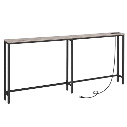 HOOBRO 70.9" Narrow Console Table with Charging Station, 5.9" Slim Sofa Table Behind Couch, 2 AC Outlets & USB-C Ports, Long Entryway Tables for Small Spaces, Livingroom, Greige BG185UXG01G1 - color: Greige + Black, size: 70.9"L x 5.9"W x 31.5"H