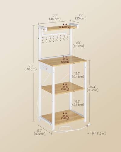 VASAGLE BARNET Collection - Kitchen Bakers Rack with Power Outlet, 17.7-Inch Wide Coffee Bar 4-Tier with 8 S Hooks, Modern Microwave Stand, Adjustable Shelf, Golden Oak and Cloud White UKKS013YA01 - color: Golden Oak + Cloud White, size: 17.7"W
