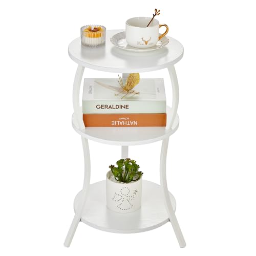YEAKOO Small Round Side Table,3-Tier Slim Waist End Table for Small Spaces | Slim Waist Circular End Table with Storage Shelf, Sofa Table Round Corner Table Nightstand for Living Room Bedroom,White - color: White, style: Classic