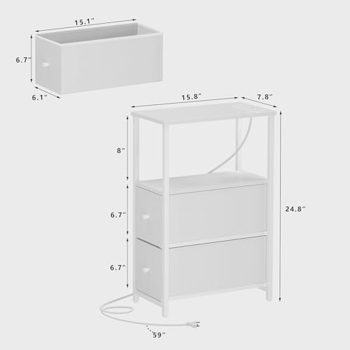 TUTOTAK Small Narrow LED End Table with Charging Station, Side Table Outlets, Nightstand with 2 Cloth Drawers, Set of 2, Couch Table, for Living Room, Bedroom, Bedside, White TB01BW056 - color: White, style: 2 Drawers with Plug & Light