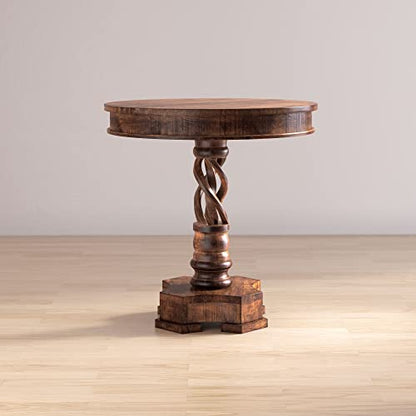 Jofran Global Archive Solid Mango Wood Hand Carved Pedestal Dining Table, Vintage Side Table, 30L X 30W X 30H, Brown