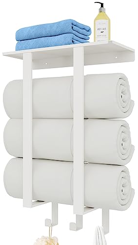 Bethom Towel Racks for Bathroom White, Storage with Shelf Wall Mounted | Stainless Steel, 3 Hooks, Towel Storage Rack with Shelf for Small Bathroom - color: White, size: Square Tube
