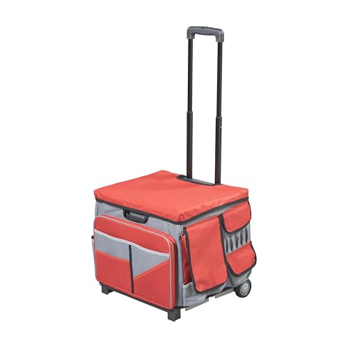 Folding Mobile Utility Cart, Canvas Organizer Bag, Red/Grey | Durable plastic, 30 compartments, adjustable handle, 40 lb capacity, collapses to 3" thick, rolling wheels for easy transport - color: Red/Grey