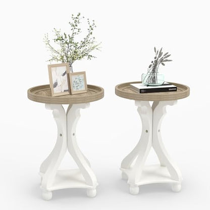 Accent Wood Farmhouse End Table, Set of 2 Round Side Tables, Nightstand Natural Tray Top and Distressed Carved Legs for Bedroom Living Room, White - size: 2-pcs, style: Round