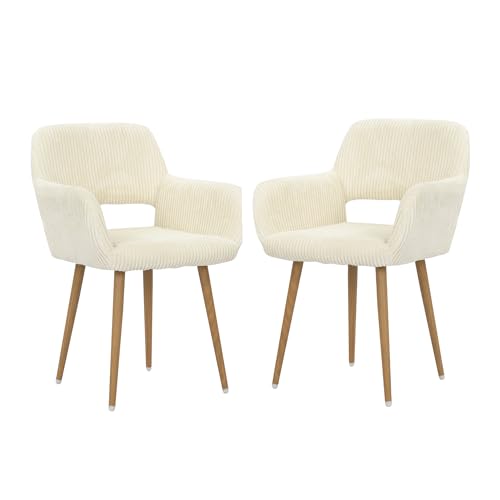 KCC Small Modern Dining Room Arm Chairs for Kitchen Set of 2,Beige | Mid-Century Upholstered Corduroy Fabric Side Seat Club Guest with Metal Tube Legs - color: Beige+corduroy Fabric, size: Set of 2