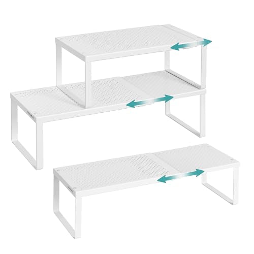 SONGMICS Spice Racks, Set of 3 Expandable Kitchen Countertop Shelves, Small Cupboard Organizers, Metal, Space-Saving Tabletop Shelves, Matte White UKCS403WC01 - color: Matte White, size: Set of 3
