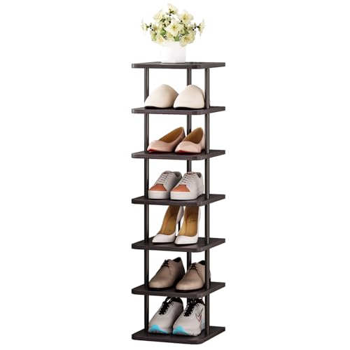 SORCEDAS Shoe Rack 7 Tiers Vertical MDF Narrow Shoe Shelf Tall Storage | Shoe Rack Storage Organizer Space Saving Entryway Closet Organizer Narrow Vertical Shoe Storage Tall Narrow Shelf Tower - color: Black + Rustic Dark Brown, size: 7 Tier-Standard