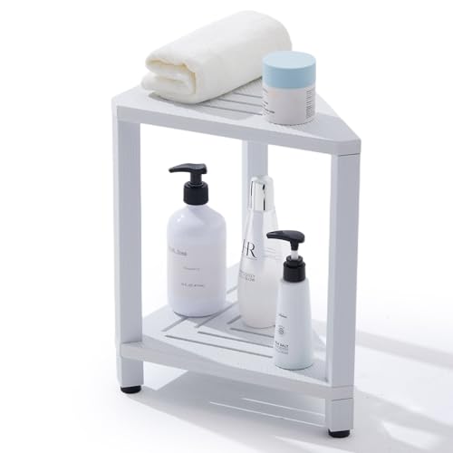 Corner Shower Stool with Storage Shelf, HDPS Waterproof Shower Foot Rest for Shaving Legs, 2-Tier Triangle Bathroom Stool for Inside Shower, Non-Slip Small Shower Bench, White - color: White