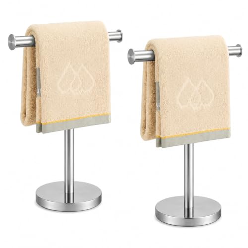 Hand Towel Holder Stand, 2 Freestanding Bathroom Towel Rack, Brushed Nickel | Weighted Stainless Steel Base Helps Prevent Tipping While The Open T-Shape Keeps Towels Dry on Bathroom Countertops - color: X-silver-2 Pack
