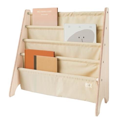 3 Sprouts Recycled Kids Bookshelf, Holds 35 Books, 4-Tier, Beige | Space-saving bookshelf, Children's room, Toddler bookcase organizer, Ages 3+, Book/toy storage, Front-facing, Covers visible - color: Solid Beige