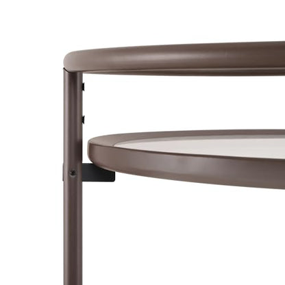 GDFStudio Modern Coffee Brown Round Bar Cart with Dual Tempered Glass Shelves, Gold Metal Accents and Lockable Casters, Rolling Beverage Serving Cart for Living Room, Dining Room or Kitchen - color: Coffee