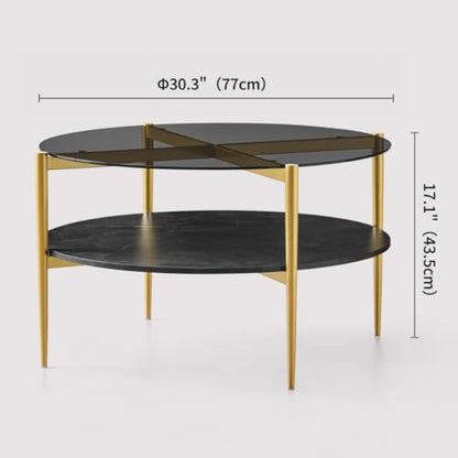 LumFurn Round Coffee Table for Living Room, Mid-Century Modern Design, D30 x H17, 2-Tier Structure, Grey Glass Top and Black Marble Finish Wood Shelf, Sleek Conical Metal Legs with Gold Finish Frame - color: Grey & Black Marble, size: D30" Round Coffee Ta