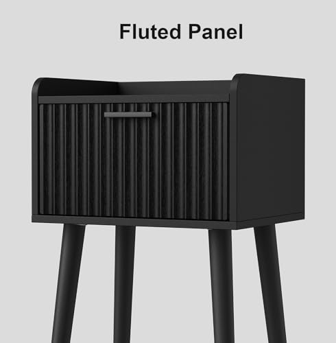 LAATOOREE Nightstand Set of 2, Small Bed Side Table with Fluted Door, End Table with Solid Wood Legs, Mid-Century Bedside Table for Bedroom Small Space - color: Black, style: Fluted Style