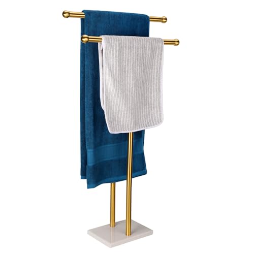 WAYDELI Standing Towel Rack Double-T Shape Tall Bath Towel Sheet Holder with Marble Design Base for Bathroom 2 Tier Towel Holder Stand Stainless Steel (Brushed Gold) - color: Brushed Gold