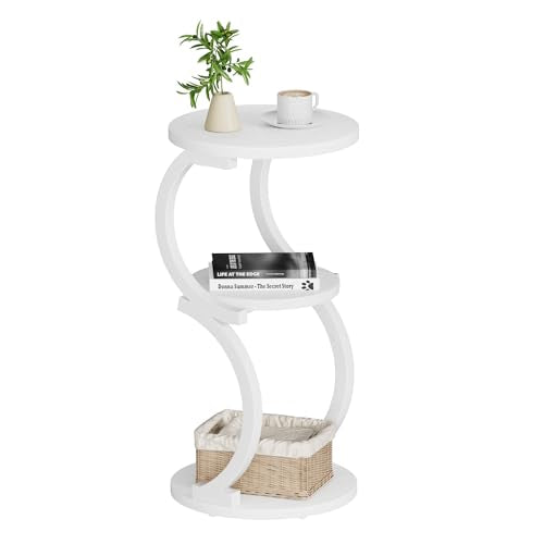 JUSTOGO Small Side Table, 3-Tier Round End Table for Small Spaces, White | S-Shaped Accent Table, Living Room & Bedroom, Beside Sofa, Vintage Nightstand, Wood & Metal Frame, Open Storage - color: White