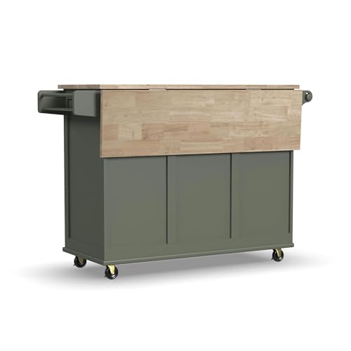 Homestyles Mobile Kitchen Island Cart with Wood Top and Dropleaf Breakfast Bar, 18" D x 53.5" W x 36" H, Green - color: Green