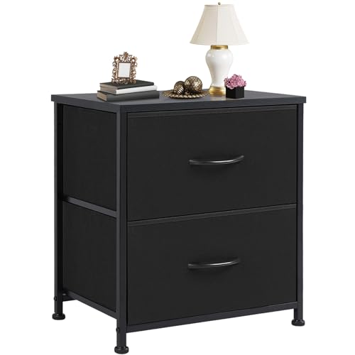 DUMOS Nightstand Small Dresser with 2 Fabric Drawers, Bedroom End Table | Kids Bedside Storage Furniture for 20 inch Tall Night Stand for Closet, Dorm, Classic Black - color: Black, size: 11.8"D x 18"W x 20"H (2 Drawers)