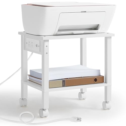 YUFAM 2 Tier Under Desk Printer Stand with Charging Station, White | Wooden Small Printer Table for Home Office, Rolling Printer Cart Shelf with Lockable Wheels - color: White, size: 11.8"D×15.7"W×15.3"H(With USB)