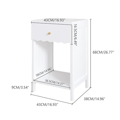 Haotian Nightstand with Drawer and Open Shelf, Scalloped Edge Design, White, Compact Bedside Table, 16.93" D x 14.96" W x 26.77" H, Engineered Wood