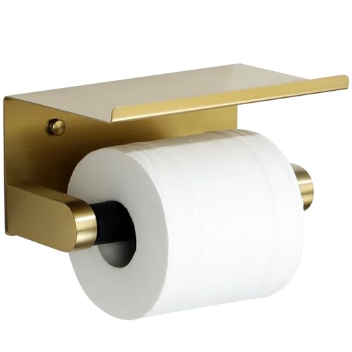 Alise Toilet Paper Holder Adhesive Toilet Paper Roll Holder SUS304 Stainless Steel Toilet Paper Holder with Shelf Spring Loaded Tissue Holder Wall Mount(Adhesive or Screw),Gold and Black Finish - color: Gold and Black, size: with Shelf