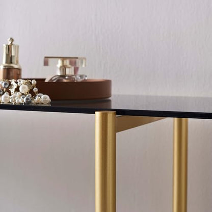 LumFurn Glass Console Table for Living Room, Foyer & Entrance, 2-Tiers Mid-Century Modern Sofa Table with Grey Glass Top, Black Marble Finish Wood Shelf and Gold Finish Frame - color: Grey & Black Marble, size: L41" Sofa Table