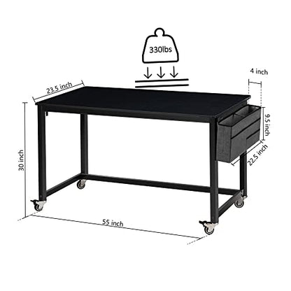 AHB 55" Rolling Computer Desk with 4 Smooth Wheels, Simple Style Mobile Writing Desk Home Office Study Table Movable Workstation with Metal Frame - color: Black, size: 55"