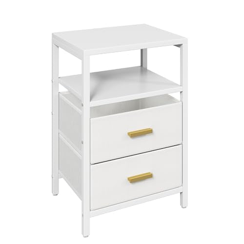 Nightstand 2 Drawers Side Table Modern Bedside End Table | White night stand with 2 fabric drawers, double layer shelf, metal frame, space saving end table for bedroom and living room - size: 2 Drawers, Single Piece