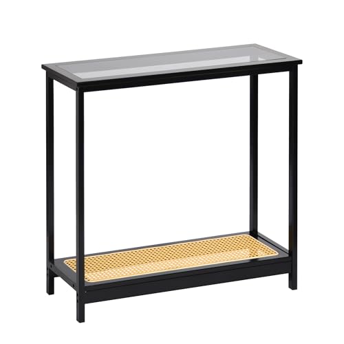 Bamboo Narrow Console Table, 31.5"(L) Wood Small Entryway Table with Rattan and Glass, Accent Slim Hallway Tables, Thin Sofa Side Tables for Hallway, Living Room, Bedroom, Foyer, Black - color: Black 31.5"(l)