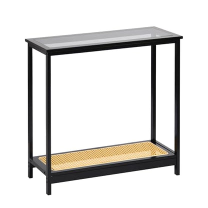 Bamboo Narrow Console Table, 31.5"(L) Wood Small Entryway Table with Rattan and Glass, Accent Slim Hallway Tables, Thin Sofa Side Tables for Hallway, Living Room, Bedroom, Foyer, Black - color: Black 31.5"(l)