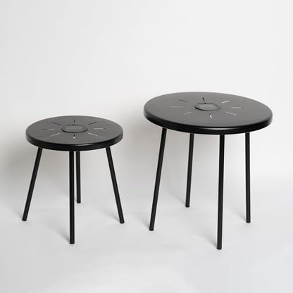 Solar Nesting Side Table Set of 2, Modern Black Metal Wire Round End Tables with Dusk to Dawn LED Light & On/Off Switch, Industrial Accent Tables for Patio, Balcony, Living Room, Garden (Solar 1)