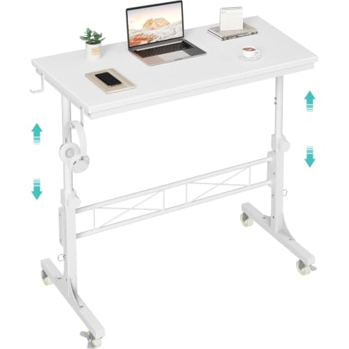 WINAZ Rolling Standing Desk with Wheels, 32" Adjustable Height Small Portable Teacher Desk for Classroom, Mobile Treadmill Walking Pad Table for Laptop, Compact White Home Office Workstation - color: White