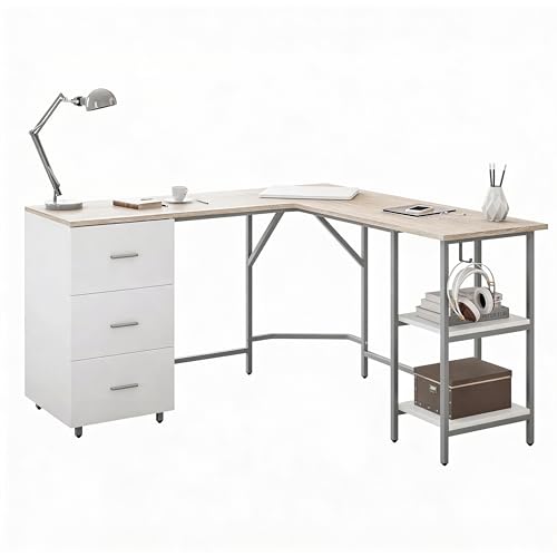 Techni Mobili L Shaped Desk - Two-Toned Computer Desk with Drawers & Storage Shelves - Simple Modern Furniture & Home Office Space Corner Table for Work & Writing | 59" two‑tone L‑shaped desk with storage shelves, durable frame, modern corner workstation,