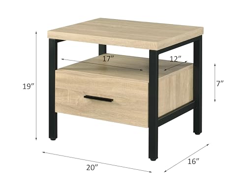 Industrial Bedside Table: 1 Drawer & Open Shelf Nightstand - Oak & Black Metal Frame for Loft Style Bedroom & Studio Use